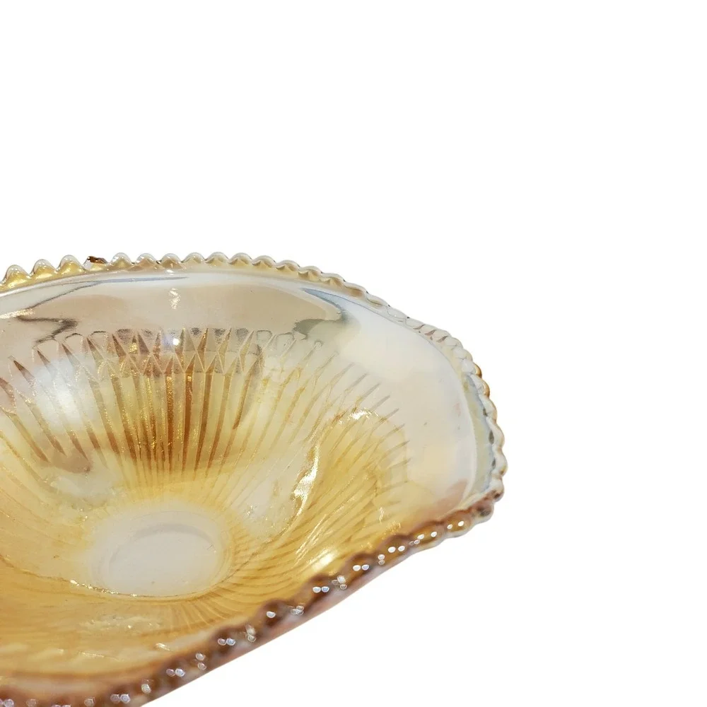 Indiana Glass Marigold Carnival Glass Footed Bowl Amber‎ Iridescent Sawtooth Rim